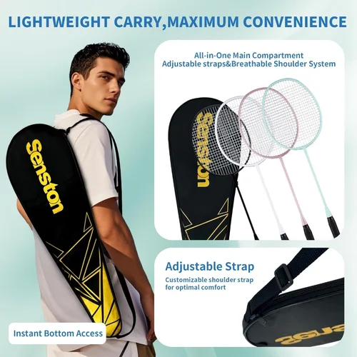 Vista 6 de Senston Juego de 4 raquetas de bádminton profesionales, fibra de carbono, 6 volantes, 4 agarres y bolsa para juegos de patio trasero 3.17 oz