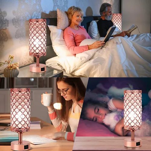 Vista 6 de Lámpara de mesa de cristal con control táctil, regulable de 3 vías, lámpara decorativa para mesita de noche con 2 puertos de carga USB, pequeña luz