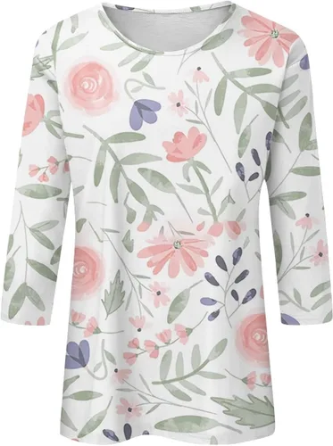 Vista 24 de Camisetas personalizadas para mujer, a la moda, casual, de séptima manga, estampada, cuello redondo, camiseta