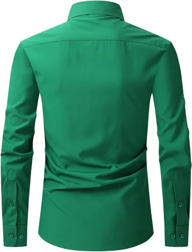 Vista 2 de corfty Camisa de vestir de manga larga para hombre, ajuste regular, elástica, sin arrugas, casual, con botones
