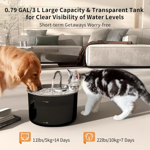 Vista 3 de Fuente de agua para gatos de acero inoxidable, fuente de agua para mascotas de 3 L/101 onzas con sistema de filtración circulante de 5 etapas