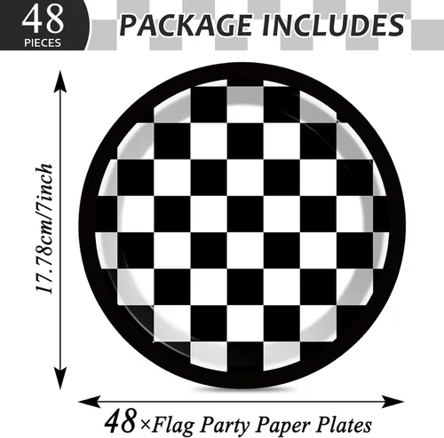 Vista 2 de 48 platos de papel de fiesta con bandera a cuadros en blanco y negro para suministros de fiesta de autos de carreras de 7 pulgadas, platos de postre