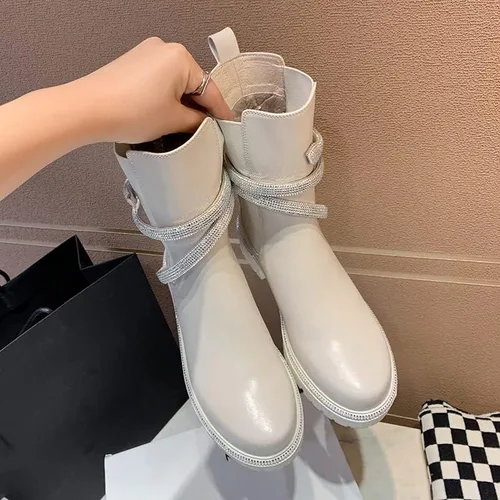Vista 6 de keleimusi Botines de combate Chelsea con adornos de cristal para mujer con lengüetas planas