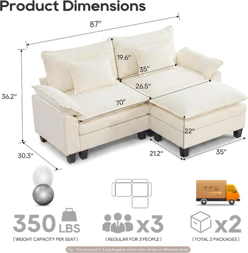 Vista 2 de URRED Sofá modular de gran tamaño, 87 pulgadas en forma de L, moderno y cómodo sofá nube con otomana móvil y almohadas, sofás de asiento profundo