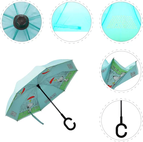 Vista 3 de Peanuts Snoopy Woodstock Blue Revers-A-Brella - Paraguas invertido con mango en C sin goteo, Cacahuetes azules, Compacto