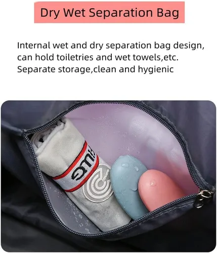 Vista 4 de Bolsa de equipaje plegable de doble capa, expandible, gran capacidad, separación seca y húmeda, bolsa de lona con ruedas, Rosado, Moda