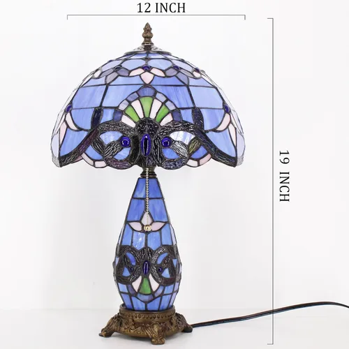 Vista 2 de Lámpara de Estilo Tiffany de Vidrio Manchado Azul Barroco de Mesa de 12X19 Pulgadas, Vaso Madre-Hija, Luz de Lectura para Escritorio, Decoración