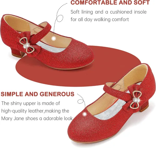 Vista 4 de Dufannie Zapatos de vestir para niñas, zapatos de tacón bajo de princesa, zapatos planos con purpurina para bodas y fiestas