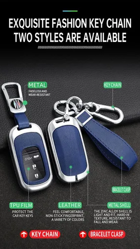 Vista 4 de ontto Funda de cuero para llavero con llavero de metal para llave de automóvil, compatible con Honda Accord Civic HR-V CR-V Pilot Sport SI EX EX-L