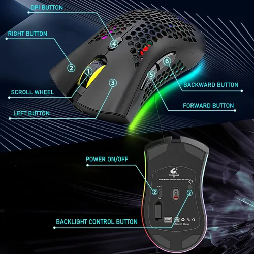 Vista 5 de Ratón inalámbrico ligero para juegos con 7 botones, retroiluminación RGB múltiple, carcasa ergonómica perforada, sensor óptico ajustable, DPI