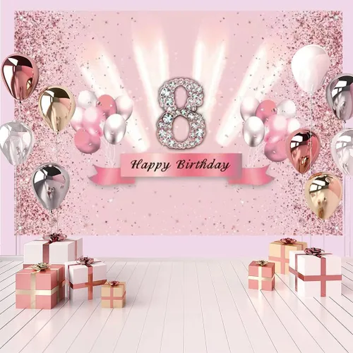 Vista 3 de Decoraciones de feliz cumpleaños número 8 para niñas, pancarta de fondo, decoración de fiesta, cartel de tela, fondo de foto rosa para suministros
