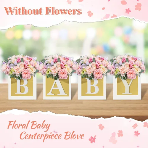 Vista 5 de 4 Piezas Cajas de Flores para Baby Shower Centros de Mesa Decoración Dorada Bloque de Bebé Soporte Floral Centro de Mesa Baby In Bloom Revelación