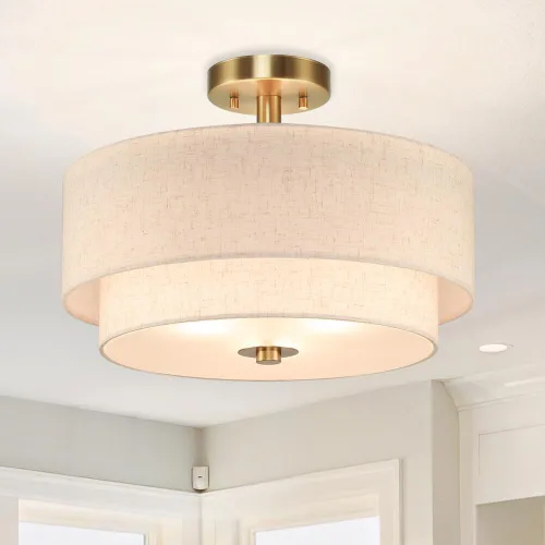 Vista 7 de XiNBEi Lighting Lámpara de Techo Semiempotrada de 16 pulgadas, Luminaria de Doble Tambor de Latón de 3 Luces con Pantalla de Lino para Techo
