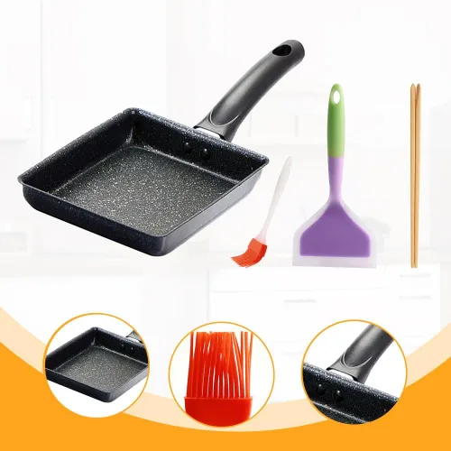 Vista 6 de LOQJSS - Juego de sartenes Tamagoyaki, sartén japonesa para tortilla de 5.9 x 7 pulgadas, sartén rectangular para huevos y cepillo de silicona