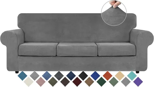 Vista 53 de WEERRW 4 Piezas Fundas de Terciopelo de Alta Elasticidad para Sofá de 3 Cojines Fundas de Sofá, Protector de Muebles Lavable con Parte Inferior