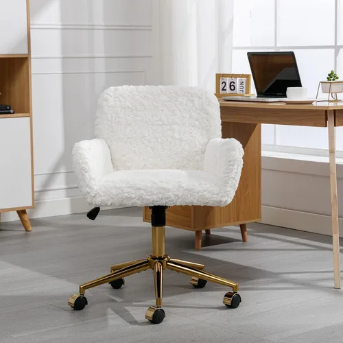 Vista 11 de HomVent Bonita silla de oficina peluda, moderna silla de piel sintética negra con ruedas y base dorada, silla giratoria ergonómica ajustable