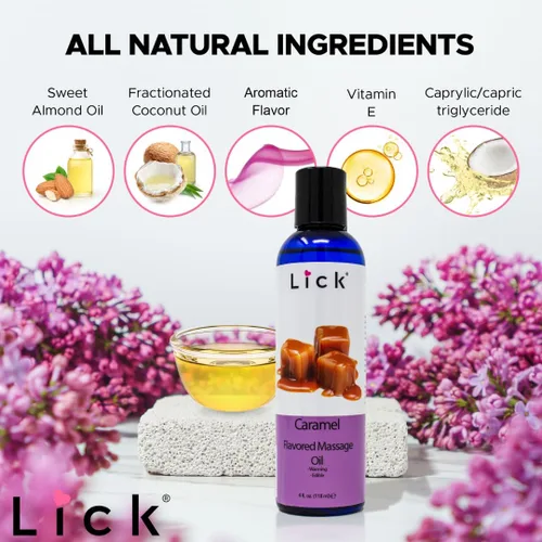 Vista 5 de Lick Aceite de masaje con sabor a caramelo, aceite de masaje comestible de postre cálido con vitamina E, textura suave y segura para el cuerpo