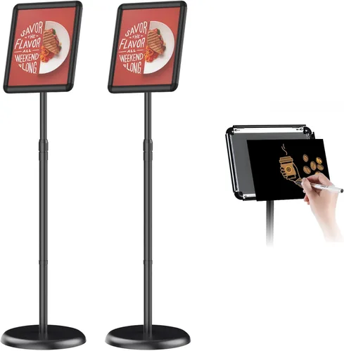 Vista 9 de Soporte de pedestal ajustable para cartel o pizarra de tiza de 8.5 x 11 pulgadas, marco abierto a presión, rotación de 360°, soportes para letreros
