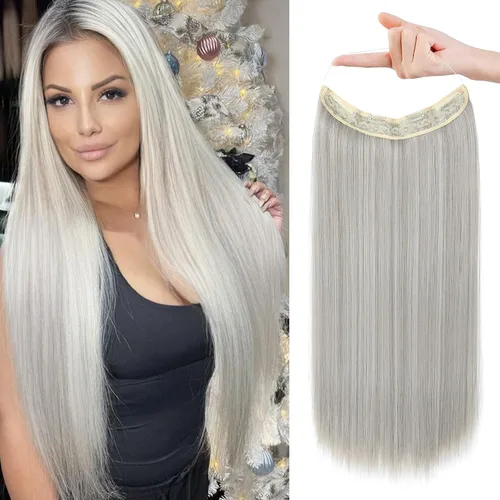 Vista 10 de REECHO - Extensiones de cabello con alambre invisible y con cintillo transparente, tamaño ajustable, clips seguros extraíbles, cabello lacio, diseño