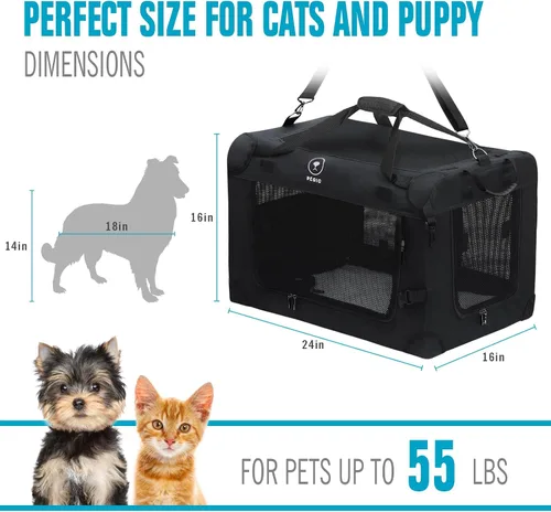 Vista 8 de PEGIC - Transportador extragrande para gatos, color negro Soft Sided Collapsible, For 2 Kittens or Large Cat, Up to 50lbs, Car Travel, Indoor and