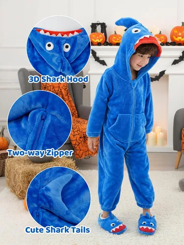 Vista 3 de LOLANTA Disfraz de tiburón de dinosaurio para niños y niñas, overol de franela de animal suave de una pieza para niños, vacaciones, cumpleaños