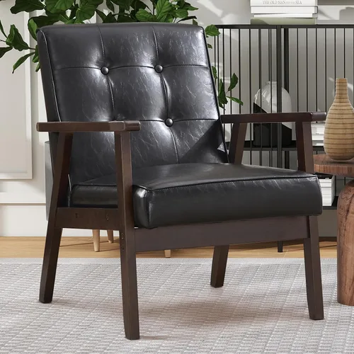 Vista 10 de Bonzy Home - Silla con acentos modernos de mediados de siglo, sillón tapizado de tela con marco de madera maciza, cómoda silla de ocio retro