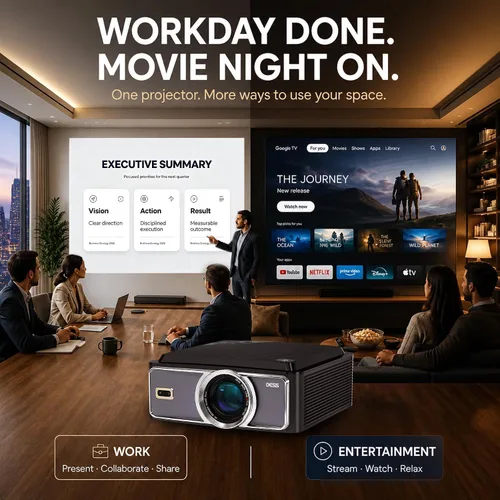 Vista 3 de DESS Proyector C5 Pro 2200 ANSI Google TV, soporte eléctrico nativo 1080P Negro