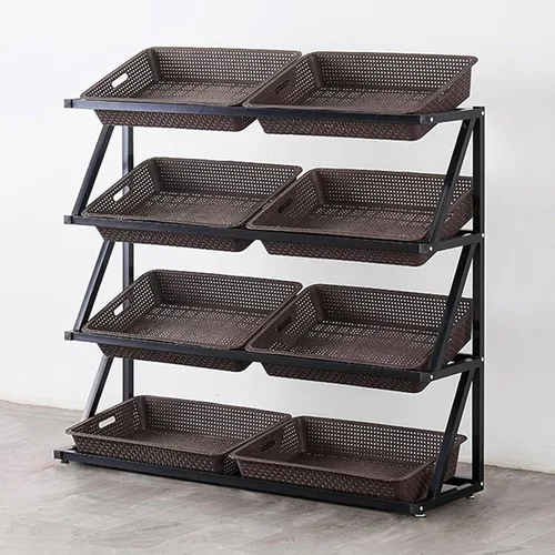 Vista 10 de Shelves 4/5 Tier Commercial Supermarket Fruit Rack Vegetable Shelf, Retail Display Rack, Large Capacity Snack Storage Basket for Pantry/Retail Nero