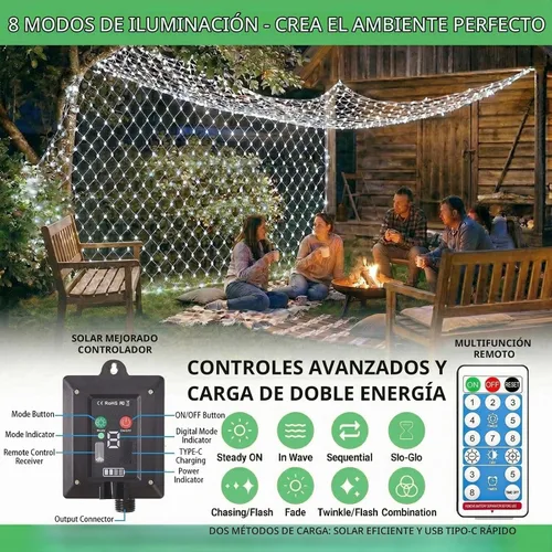 Vista 2 de Pooqla Luces de red solar, 10 x 10 pies, 280 luces LED de red para cenador al aire libre con 8 modos, funciona con energía solar y USB, impermeable