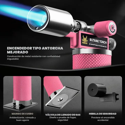 Vista 4 de RAVS Antorcha de Butano, Encendedor Antorcha de Metal Rosa con Llama Ajustable, Antorcha de Alimentos para Hornear, BBQ, Postres, Rellenos