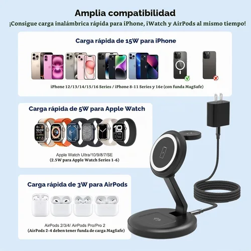 Vista 6 de Estación de carga, cargador inalámbrico plegable 3 en 1, estación de carga para iPhone, soporte para múltiples dispositivos para Apple