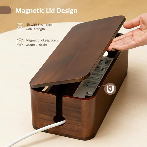 Vista 9 de Caja grande de gestión de cables de madera de acacia, organizador y organizador para cables de TV, regleta de alimentación, ocultación eléctrica
