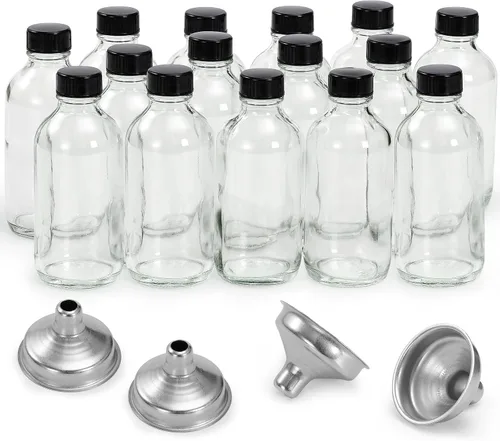 Vista 9 de 6 Pack, botellas pequeñas de vidrio transparente de 4 onzas con tapas y 2 embudos de acero inoxidable - Botella de muestra Boston de 120ml