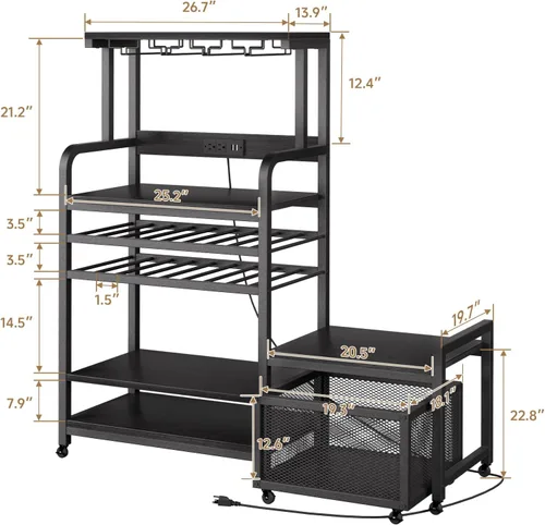 Vista 3 de Mini soporte para refrigerador con toma de corriente, soporte para microondas con estante para vino, barra de café con cestas de almacenamiento