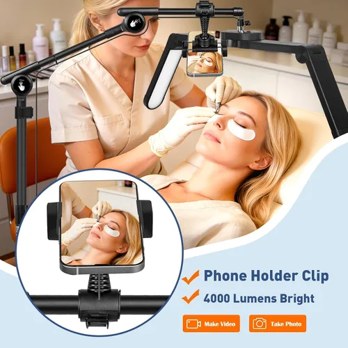 Vista 6 de KIRKAS Luz de media luna para extensiones de pestañas, tatuadores, luz LED de tecnología de pestañas mejorada con base rodante de 4 ruedas, lámpara