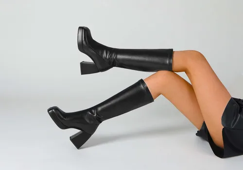 Vista 7 de DOBOYG Botas altas hasta la rodilla para mujer, botas de plataforma, tacón grueso de bloque elástico, punta cuadrada, botas altas de charol