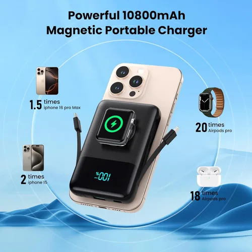 Vista 6 de Cargador portátil magnético para iPhone con cable incorporado, banco de energía inalámbrico de 10800mAh para Magsafe, esencial de viaje, paquete
