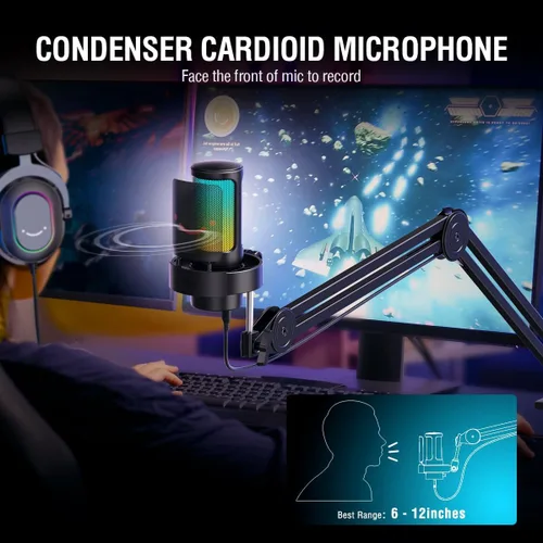 Vista 3 de FIFINE Gaming Microphone and Heavy Duty Boom Arm Bundle, USB PC Mic with RGB Control, Mute Touch, Headphone Jack, Pop Filter, Stand for Streaming