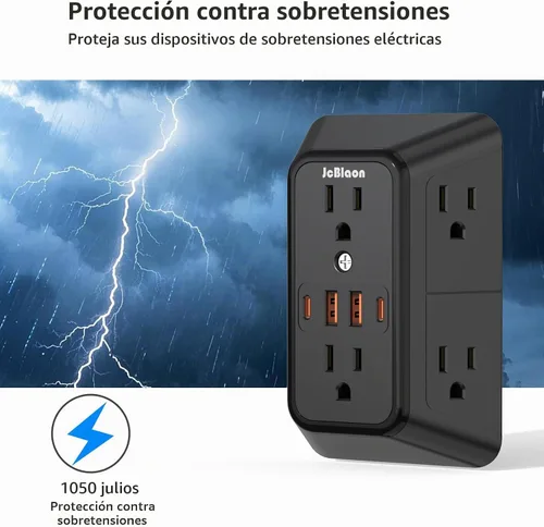 Vista 6 de Regleta de pared con cargador USB, protector contra sobretensiones con 4 puertos USB (2 USB C), extensión de enchufe, múltiples salidas, extensión