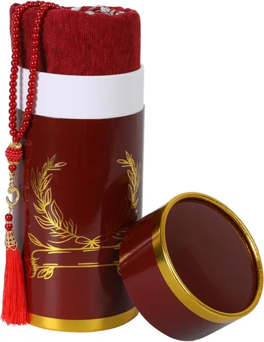 Vista 3 de Alfombra de oración musulmana y cuentas de oración con caja de regalo cilíndrica de diseño elegante, juego de regalo islámico de Eid Ramadán, tapete