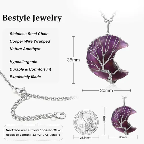 Vista 7 de Bestyle Collar de cristal curativo envuelto en árbol de la vida, colgante de piedra natal de 12 meses para mujer, joyería de piedras preciosas