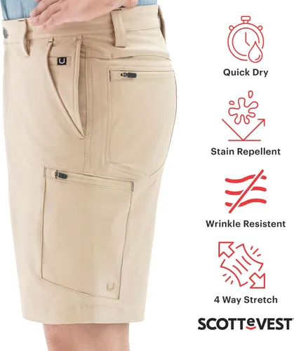 Vista 3 de SCOTTeVEST Action Adventure - Pantalón corto para hombre, 17 bolsillos ocultos, pantalón repelente al agua para viajes y más
