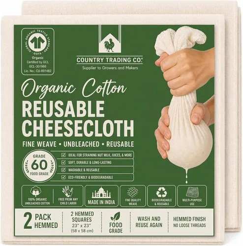 Vista 13 de Estopilla de algodón orgánico sin blanquear – Paño colador de muselina reutilizable con dobladillo certificado GOTS para cocinar y cocina, 2