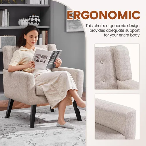 Vista 4 de Yaheetech Silla decorativa, moderno sillón copetudo con botones, sillas de tela de lino para sala de estar, dormitorio, cómoda silla de lectura