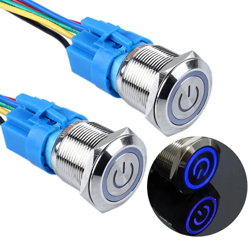 Vista 18 de 2 piezas de interruptor de botón de metal de cierre de 16 mm, 12V-24V, encendido/apagado, 1NO 1NC, impermeable, autoblocante, carcasa plateada