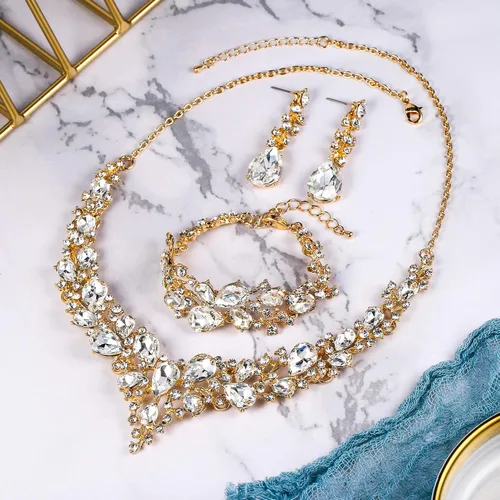 Vista 5 de BriLove - Juego de joyas de boda con cristales austriacos, collar, aretes y pulsera para mujer