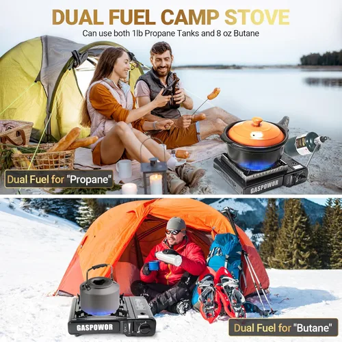 Vista 4 de Estufa de camping portátil de combustible dual Propane or Butane, 10,000 BTU, Automatic Ignition, Carrying Case & Windblocker, Emergency