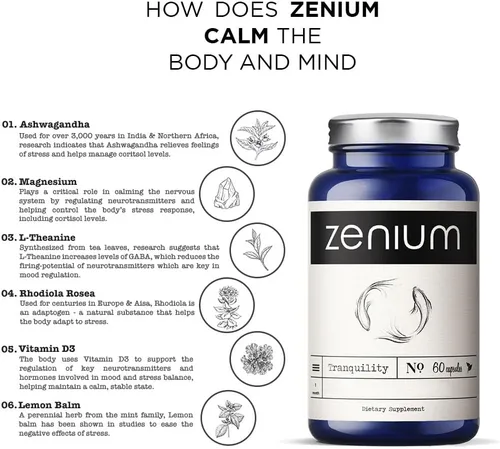 Vista 3 de Zenium - Alivia el estrés, la tensión, la preocupación, el nerviosismo y la irritabilidad Calma la mente y el cuerpo Ayurvédico Suplemento