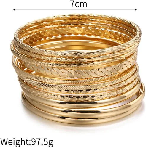 Vista 7 de Juego de 16 pulseras de oro para mujer, pulseras texturizadas apilables de varias capas, juego de joyas bohemias.