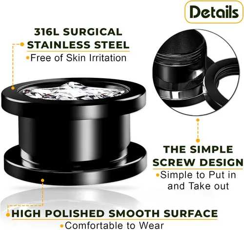 Vista 3 de Big GAUGES - Par de tornillos de cristal anodizado negro transparente para joyería